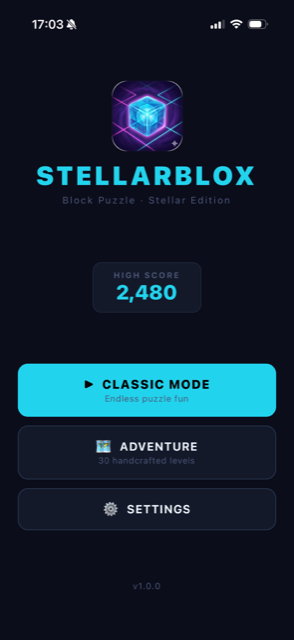 Stellarblox home screen with high score